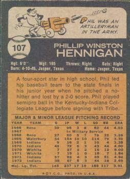 1973 Topps #107 Phil Hennigan Back