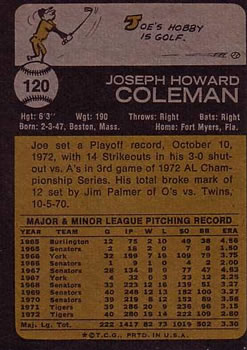 1973 Topps #120 Joe Coleman Back