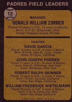 1973 Topps #12 Padres Field Leaders (Don Zimmer / Dave Garcia / Johnny Podres / Bob Skinner / Whitey Wietelmann) Back