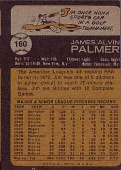 1973 Topps #160 Jim Palmer Back