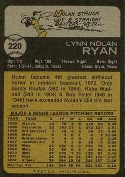 1973 Topps #220 Nolan Ryan Back