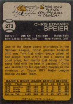 1973 Topps #273 Chris Speier Back