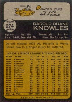 1973 Topps #274 Darold Knowles Back