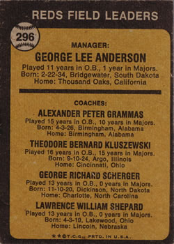 1973 Topps #296 Reds Field Leaders (Sparky Anderson / Alex Grammas / Ted Kluszewski / George Scherger / Larry Shepard) Back