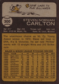 1973 Topps #300 Steve Carlton Back