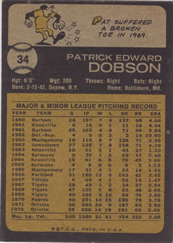 1973 Topps #34 Pat Dobson Back