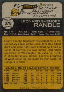 1973 Topps #378 Lenny Randle Back
