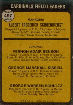 1973 Topps #497 Cardinals Field Leaders (Red Schoendienst / Vern Benson / George Kissell / Barney Schultz) Back