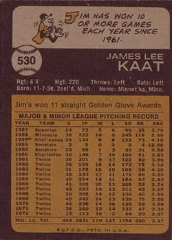 1973 Topps #530 Jim Kaat Back