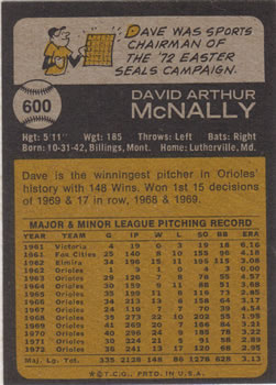 1973 Topps #600 Dave McNally Back