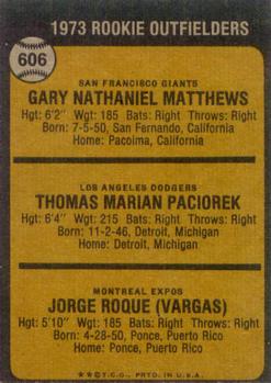 1973 Topps #606 1973 Rookie Outfielders (Gary Matthews / Tom Paciorek / Jorge Roque) Back