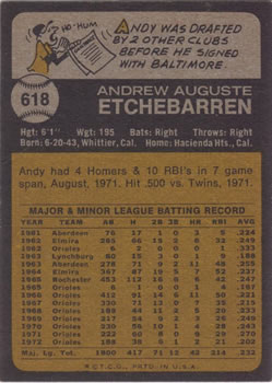1973 Topps #618 Andy Etchebarren Back