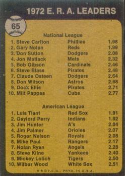 1973 Topps #65 1972 Earned Run Average Leaders (Steve Carlton / Luis Tiant) Back