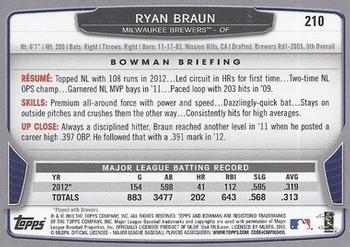 2013 Bowman #210 Ryan Braun Back
