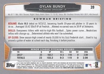 2013 Bowman #39 Dylan Bundy Back