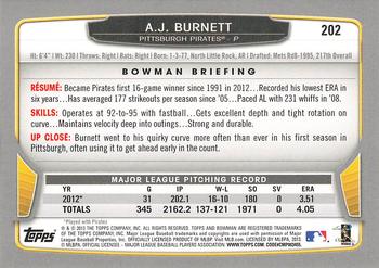 2013 Bowman #202 A.J. Burnett Back