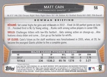 2013 Bowman #56 Matt Cain Back