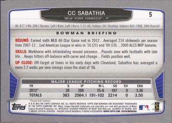 2013 Bowman #5 CC Sabathia Back