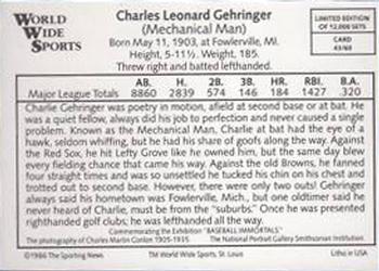 1986 Conlon World Wide Sports Series 1 #43 Charlie Gehringer Back