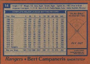 1978 Topps Burger King Texas Rangers #14 Bert Campaneris Back