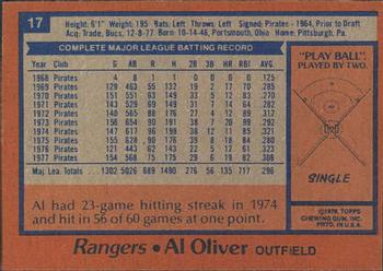 1978 Topps Burger King Texas Rangers #17 Al Oliver Back