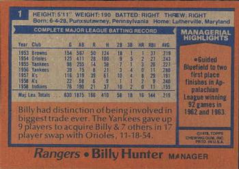 1978 Topps Burger King Texas Rangers #1 Billy Hunter Back