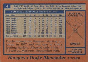 1978 Topps Burger King Texas Rangers #4 Doyle Alexander Back