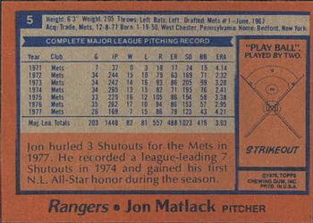 1978 Topps Burger King Texas Rangers #5 Jon Matlack Back