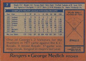 1978 Topps Burger King Texas Rangers #7 George Medich Back