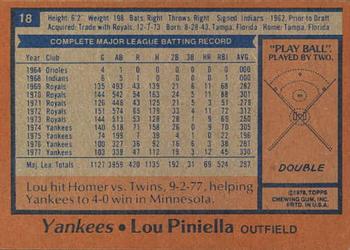1978 Topps Burger King New York Yankees #18 Lou Piniella Back