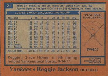 1978 Topps Burger King New York Yankees #21 Reggie Jackson Back