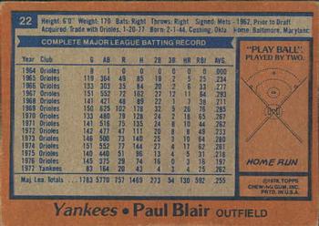 1978 Topps Burger King New York Yankees #22 Paul Blair Back