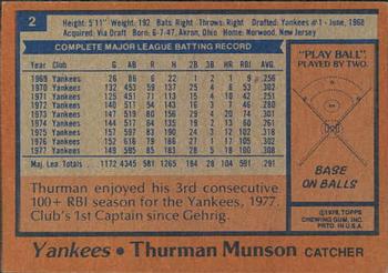 1978 Topps Burger King New York Yankees #2 Thurman Munson Back