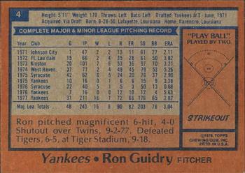 1978 Topps Burger King New York Yankees #4 Ron Guidry Back