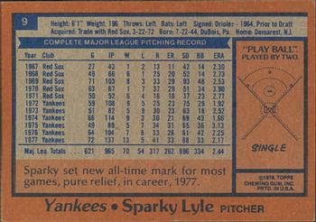 1978 Topps Burger King New York Yankees #9 Sparky Lyle Back
