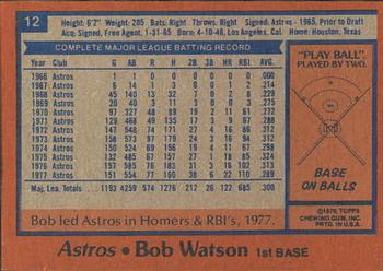 1978 Topps Burger King Houston Astros #12 Bob Watson Back