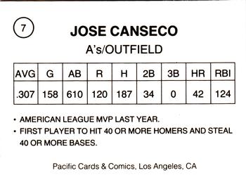 1989 Pacific Cards & Comics Orange Border (unlicensed) #7 Jose Canseco Back