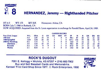 1990 Rock's Dugout Wichita Wranglers #8 Jeremy Hernandez Back