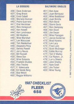 1987 Fleer - Glossy #658 Checklist: A's / Padres / Dodgers / Orioles Back