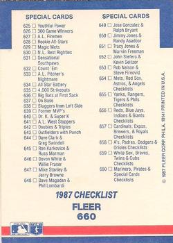 1987 Fleer - Glossy #660 Checklist: Mariners / Pirates / Special Cards Back