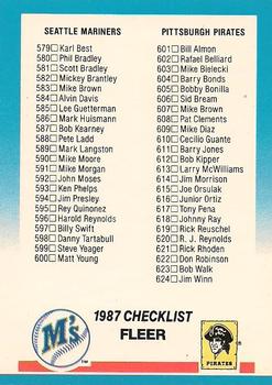 1987 Fleer - Glossy #660 Checklist: Mariners / Pirates / Special Cards Front