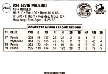 1990 SportsPrint Winston-Salem Spirits #24 Elvin Paulino Back