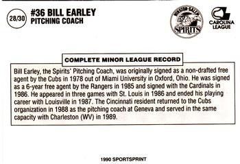1990 SportsPrint Winston-Salem Spirits #28 Bill Earley Back