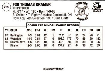 1990 Kinston Indians #2 Tommy Kramer Back