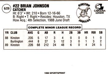 1990 Kinston Indians #6 Brian Johnson Back