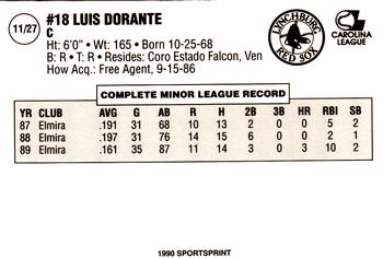 1990 SportsPrint Lynchburg Red Sox #11 Luis Dorante Back