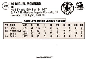 1990 SportsPrint Lynchburg Red Sox #6 Miguel Monegro Back