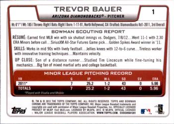 2012 Bowman Draft Picks & Prospects - Chrome #1 Trevor Bauer Back