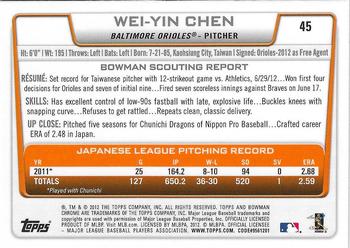 2012 Bowman Draft Picks & Prospects - Chrome #45 Wei-Yin Chen Back