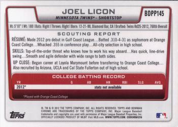 2012 Bowman Draft Picks & Prospects - Chrome Draft Picks #BDPP145 Joel Licon Back